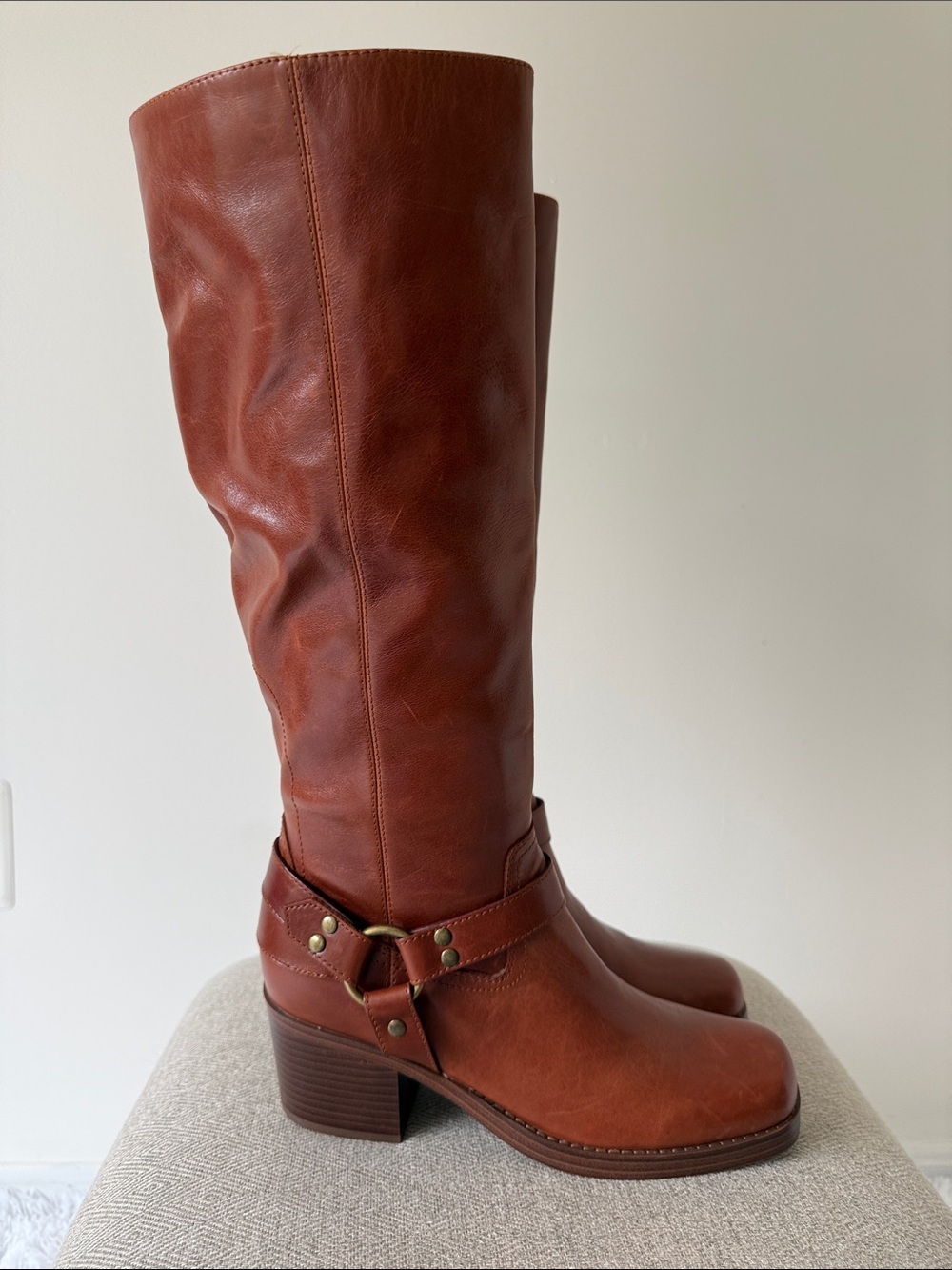 Marc Fisher Tall Brown Leather Riding Boots with Harness Strap